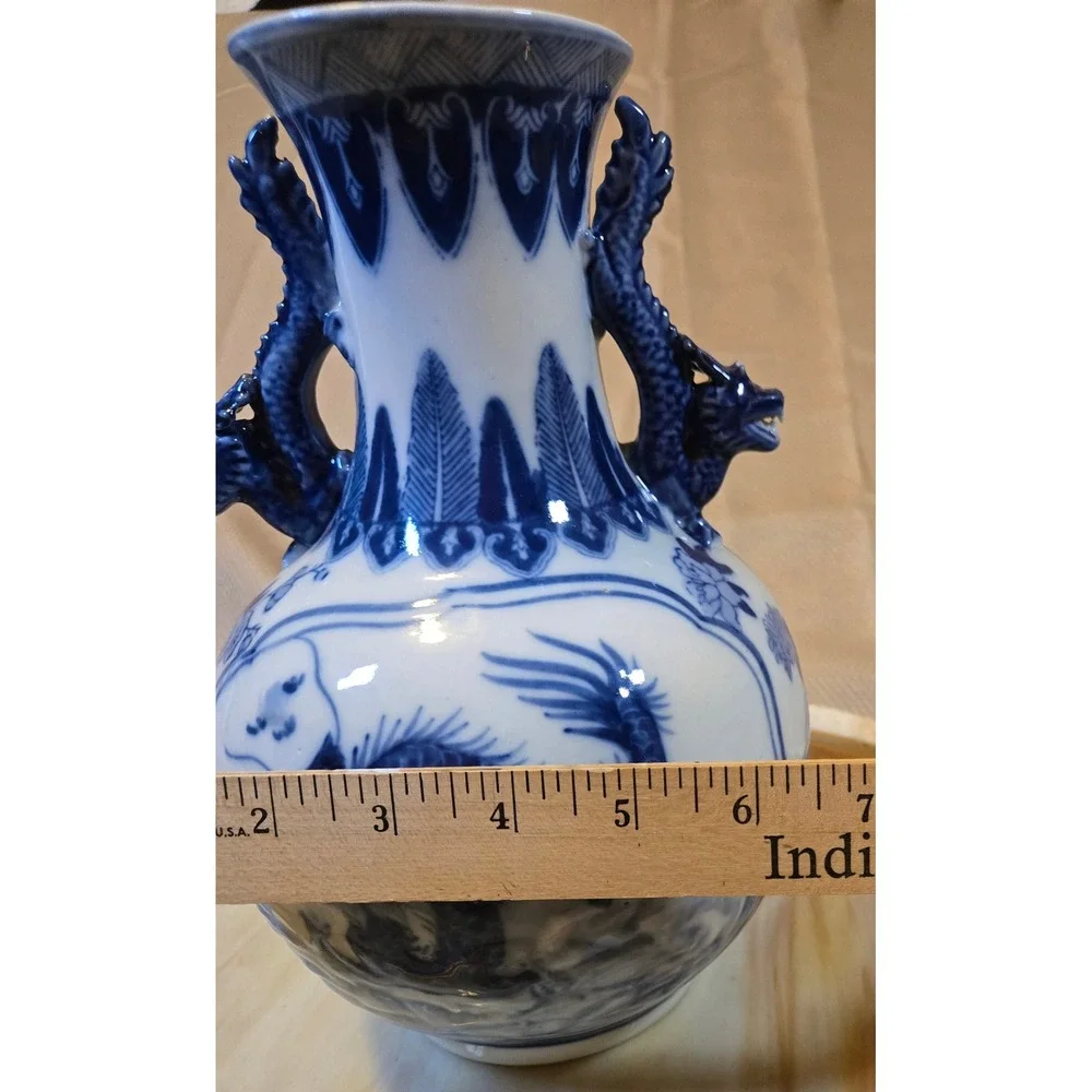 Vintage Chinese Blue White Porcelain Dragon Phoenix Vase Dragon Handles 10
